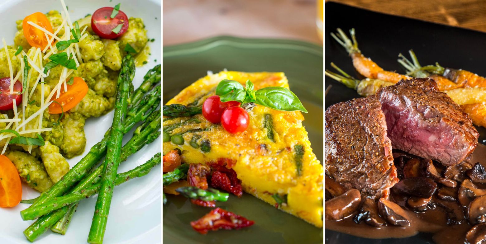 a collage of pesto gnocchi, veggie frittata, and steak tenderloin, all from the cedar crest lodge kitchen