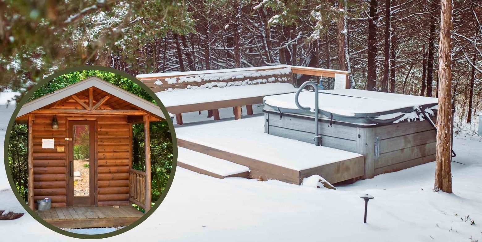 snow hot tub and sauna at cedar crest lodge